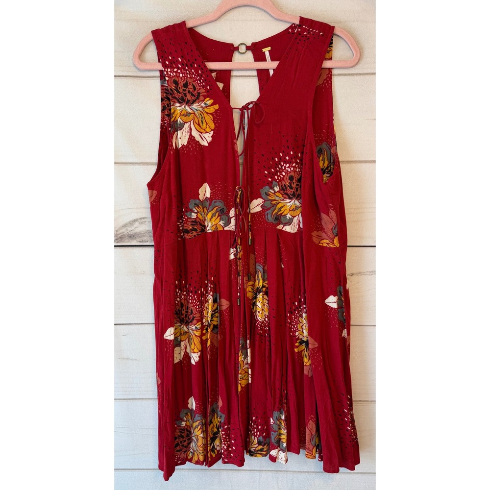 Free People Red Floral Tie Front Sleeveless Mini Dress Womens Large Boho Rayon